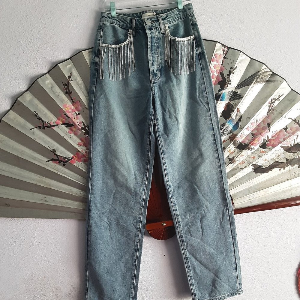 Rhinestone fringe jeans